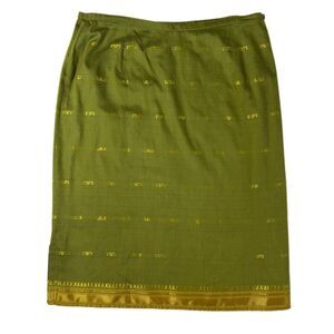 Amanda Smith Skirt Green Gold Embroidered Trim Straight Lightweight Skirt Size M